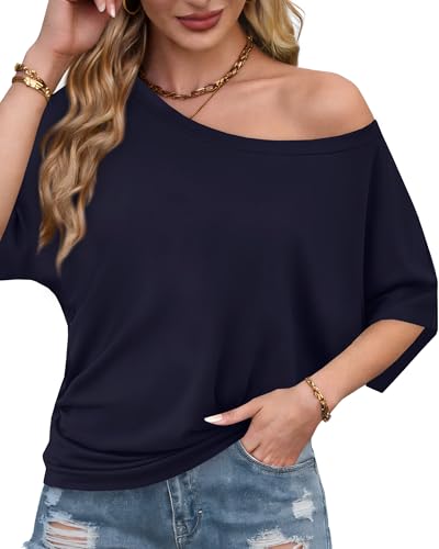 Image of Hilinker Womens Sexy Off The Shoulder Tops Short Batwing Sleeve T Shirt Oversized Casual Tee