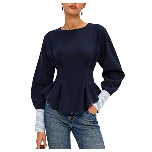 Bozanly Women's Cinch Waist Peplum Sweatshirt Crew Neck Balloon Sleeve Babydoll Pullover Tops(1074-Navy-L)