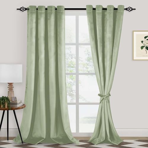 XWZO Sage Green Velvet Curtains 90 Inches Long, Elegent Soft Luxury Curtains for Living Room, Thermal Insulated Room Darkening Sage Green Curtain for Bedroom Decor, Velvet Drapes Set 2 Panels