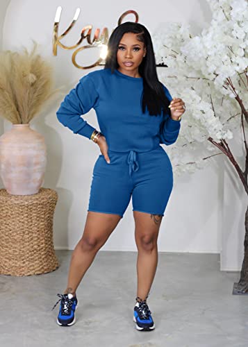 Topsrani Womens Two Piece Outfits Bodycon Tracksuit Sweatsuits Solid Jogger Biker Workout Lounge Long Sleeve Pant Sets Blue L #TOP3