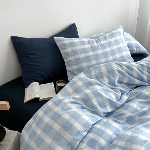 Lanqinglv Bettwäsche 135x200 Blau Weiß Kariert Bettwäsche aus Microfaser,Gittermuster ÖKO-TEX Bettwäsche Set - Bettbezug mit Reißverschluss und...