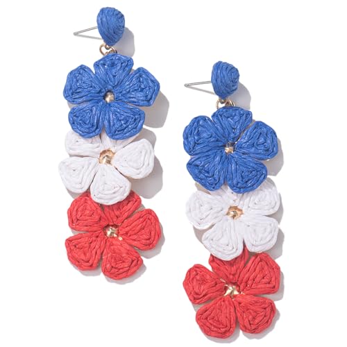 Patriotic Boho Raffia Flower Drop Earrings Statement Summer Beach Jewelry