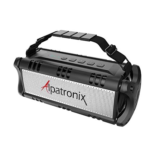 [Upgraded] Waterproof Bluetooth Speaker 60W (80W Max), Portable, Wireless, 8000mAh Power Bank, Shockproof, TWS, DSP, Stereo, Subwoofer, TF Card, Equalizer, Alpatronix AX500, Indoor & Outdoor – Black