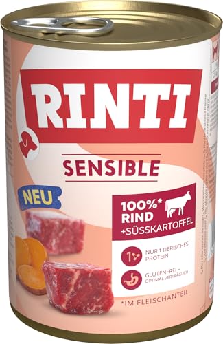 RINTI - Sensible | Cibo umido per cani adulti sensibili con pezzi di carne naturali. Alimento completo senza cereali in lattina senza additivi artificiali | 6 x 400 g di manzo + patate dolci