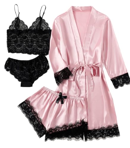 LYANER Women's 4pcs Sleepwear Satin Floral Lace Trim Cami Pajama Set with Robe Light Pink Small
