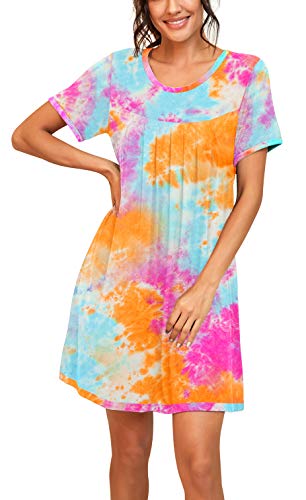 Prinstory Womens Sleepwear Short Sleeve Nightgown Soft Sleepshirt Pleated Nightshirt Scoopneck Casual Loungewear Colorful Orange-Large #TOP1