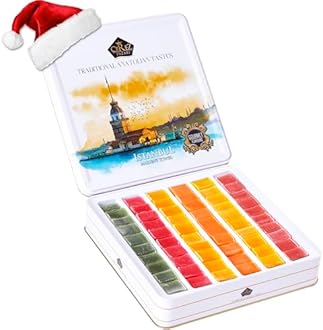 Cerez Pazari Turkish Delight Candy Gift Basket 1.6 lb, Lokum Dessert Gourmet With 6 Unique Flavors, Christmas Holiday Corporate Food Gifts In Elegant Metal Box