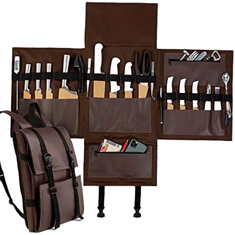 Under NY Sky Knife Bag - Brown Real Leather - 13 Knife Slots, 2 Zipped Pockets for Kitchen Utensils, Large Pocket for Tablets & Notebooks - Expandable - Tool Storage Bag Style for Chefs, Cooks, BBQ Cover
