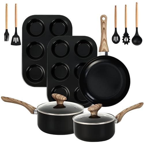 Bakeware and Cookware Set 12PCS, Induction Hob Pans and Pots Set w/Lids, Non-Stick Set with Frying Pans, Saucepans, Muffin Pan, Baking Sheet PFOA & PFOS Free