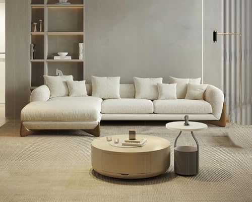 Image of Modern Sofa Chesterfield Design with Stylish Wooden Legs Bouncy Teddy Fabric Off-White Finish Sofa for Living Room, Bedroom, Hallways (4 Seater, Sectional RHS)