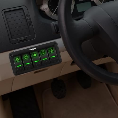 Image of Nilight 5 Gang Rocker Switch Panel SPST On Off Toggle with DIY Label Sticker | 5PIN Electrical 12V /20A 24V /10A Aluminum Plate with Pre-Wired Jumper Wires for LED Light Bar RV Boats 4X4 Cars Green