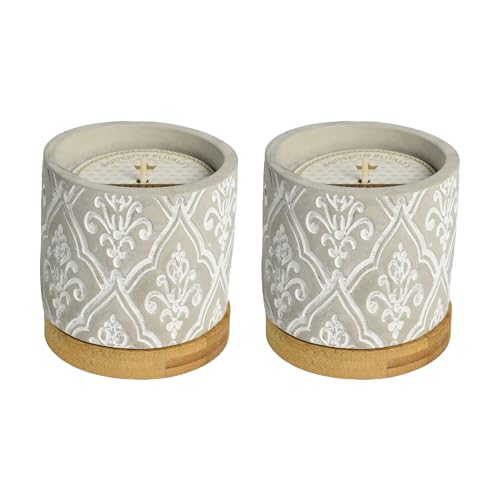 Bourbon Royalty Classic Damask Pattern Small 3 Ounce Stone/Wax Scented Votive Jar Candle for Home or Office, Olive Grove, Grey/White, 2 Pack