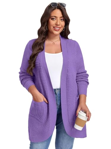 Image of LARACE Long Cardigans for Women Plus Size Tops Open Front Sweaters with Pockets Waffle Ribbed Sleeve Loose Fall Outwear