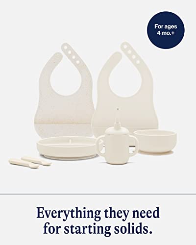 Lalo First Bites Silicone Baby Feeding Set - Baby Led Weaning Supplies - Non-Toxic Silicone - Includes 2 Bibs, 2 Spoons, Training Cup, Suction Plate And Bowl - 6 Pieces - Oatmeal #TOP2