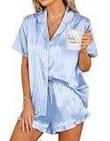 Ekouaer Silk Pajamas Womens Short Sleeve Sleepwear 2 Piece Satin Pjs Shorts Set Button Down Loungewear Striped Blue XXL
