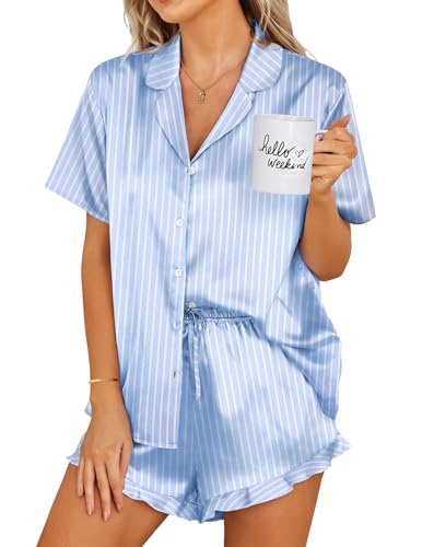 Image of Ekouaer Womens Satin Pajamas Set Button Down 2 Piece Silk Pjs Shorts Set Ruffle Lingerie Notch Collar Sleepwear