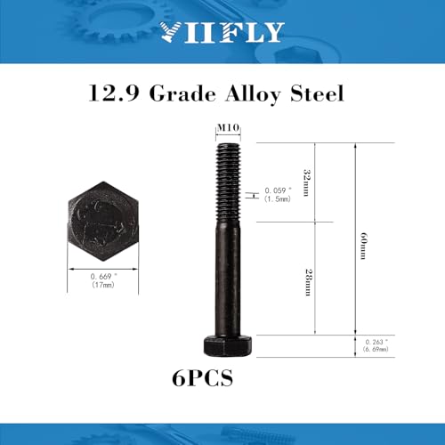 Image of M10x1.5 x 60mm Hex Head Screws Bolts, 12.9 Grade Alloy Steel, Hexagon Head Bolts, Black Oxide Finish, Half Thread, Quantity 6