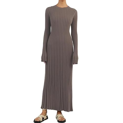 RTGSE Frauen mit langem Ärmel Rib strickte Lange Kleid eleganter Crew Hals gerippt gestrickt Midi Kleid Feste Farbe Maxi Kleid Streetwear (A Grayish Apricot, M)