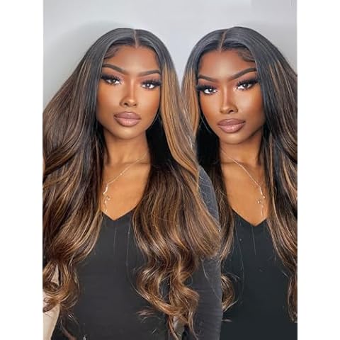 Sunber Ombre Highlight #FB30 13x4 Lace Front Human Hair Wigs Pre Everything 12A Human Hair Balayage Wavy Pre Plucked Invisible Knots 18Inch Piano Chocolate Brown 150% Density Body Wave Frontal Wig Cover