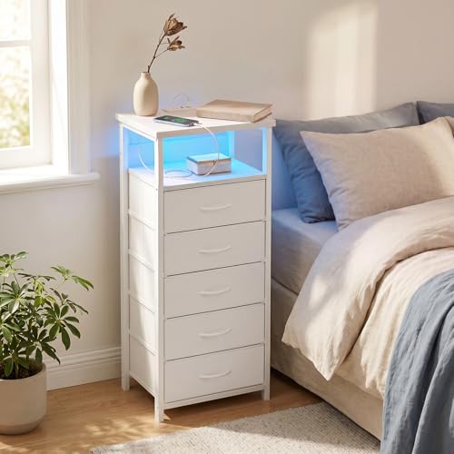 Image of Fixwal Tall Nightstand with Charging Station and LED Lights, Night Stand with PU Finish Fabric Storage Drawers, 5 Drawer Dresser, White