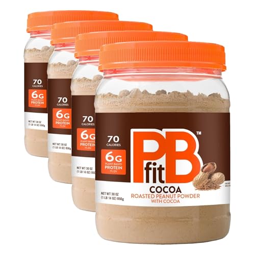 Image of PBfit 30 Ounce Peanut Butter Powder Chocolate Flavor, Cocoa Powdered Peanut Butter Spread From Real Roasted Peanuts and Cocoa, 6g of Protein 7% DV, Gluten-Free, 70 Calories, 88% Less Fat (Pack of 4)