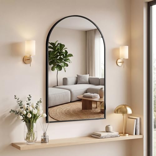 Image of NEWBULIG 22 inchx30 inch Arched Wall Mirror, Bathroom Mirrors for Over Sink, Black | Matte Metal Framed Vanity Mirror with Tempered Glass, Entryway, Living Room, Bedroom