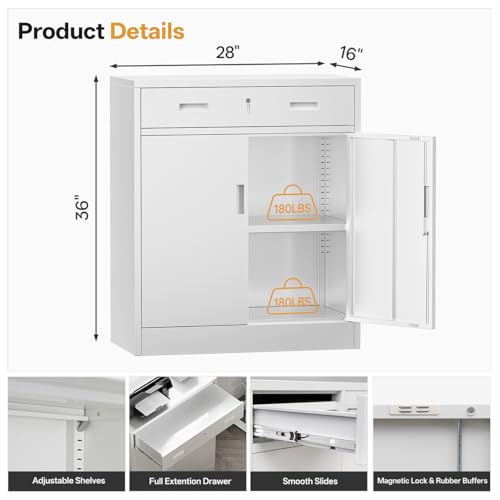 Image of Metal Storage Cabinets with Drawer, 36 inch H Lockable Storage Cabinet with Doors and Adjustable Shelves, Small White Steel File Cabinet for Home, Office, Warehouse, School, Assembly Required