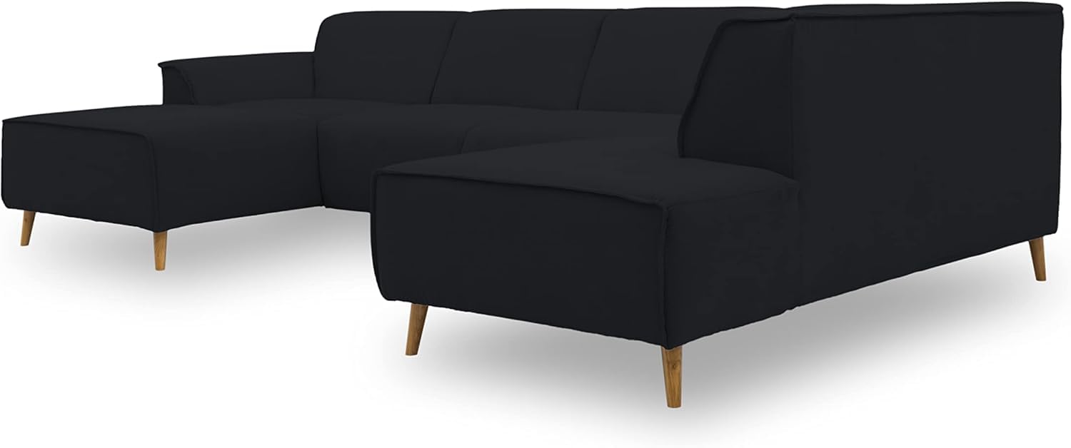 DOMO. collection Wohnlandschaft Jules FK, skandinavisches Sofa mit Federkern, Couch in U-Form mit Holzfüßen, 333 x 191 x 81 cm (BxTxH), Longchair rechts, schwarz