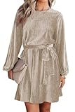 Happy Sailed Women's Velvet Mini Dress Elegant Fall Long Sleeve Tie Waist A-Line Skater Dress Retro Cocktail Party Dresses Khaki Small