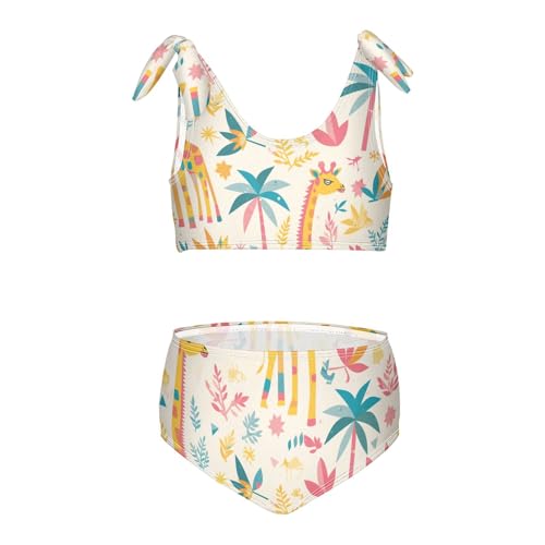 Exotic Palm Tree Giraffe Girls 2 Pieces Kids Bikini Set Scoop Neck Bathing Suit Swimwear Adjustable Strap