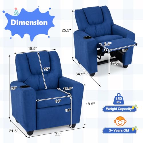 Image of Kids Recliner, Toddler Lounge Chair w /Cup Holder, Wide Armrest, Kids Sofa w /Adjustable Footrest, Comfy Toddler Recliner Chair for for Boys & Girls 3 + (Fabric, Blue)