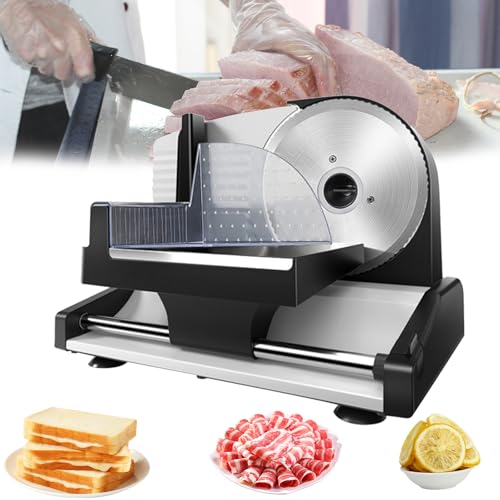 Máquina Cortadora De Carne para El Hogar, Cortadora Comercial De Alimentos Delicatessen, Cortadora Eléctrica De 200 W con Hoja De Acero Inoxidable Extraíble De 190 Mm Y Empujador De Alimentos