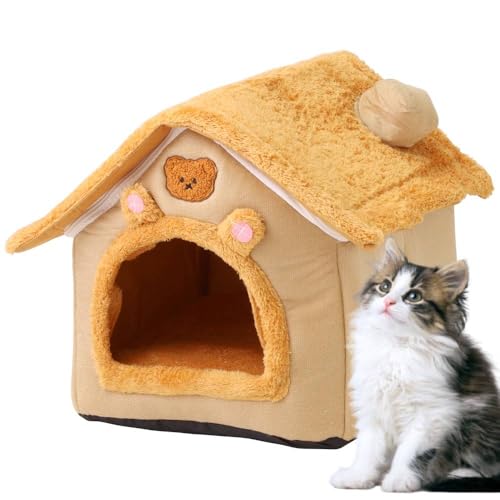 UP STORE ペットハウス 選べる2サイズ! 室内用 猫 犬 ベッド グレー ふわふわ あったか 冬用 折りたたみ 小型犬 猫用ベッド 洗える おしゃれ シンプル 暖かい ペットベッド ハウス型 クッション付き 犬小屋 (くま, S)