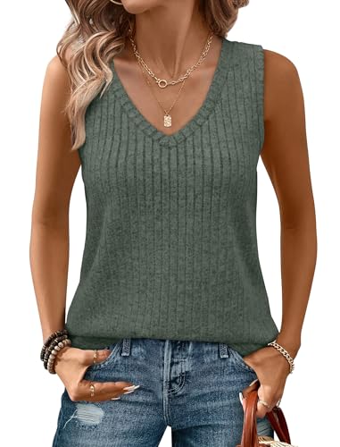 Image of Saloogoe Tank Tops for Women 2025 V Neck Summer Sweaters Vest Lightweight Curved Hem Spring Beach Fashion