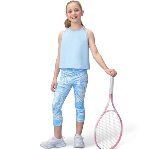 Gogokids Girls' Activewear Workout Set 2 Piece Athletic Sets Sleeveless Mesh Tank Tops and Capris Leggings Yoga Pants 5-12Y