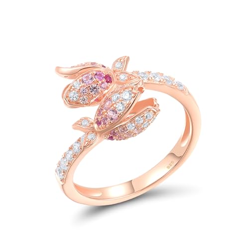 Santuzza Sterling Silver Pink Tulip Ring Created Pink Sapphire Cubic Zirconia Rose Plated Flower Open Ring for Women (6)