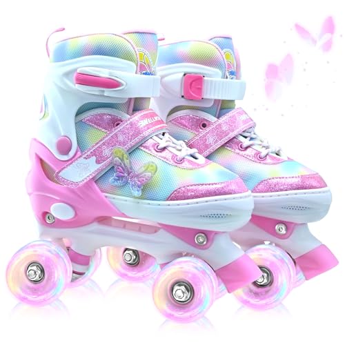 SMOOJOY Kids Roller Skates for Girls-Outdoor 4 Size Adjustable Butterfly Quad Rollerskates for Indoor Ages 3-14 Years Beginners Children's Birthday Gift with Light Up Wheels patines para niñas Indoor