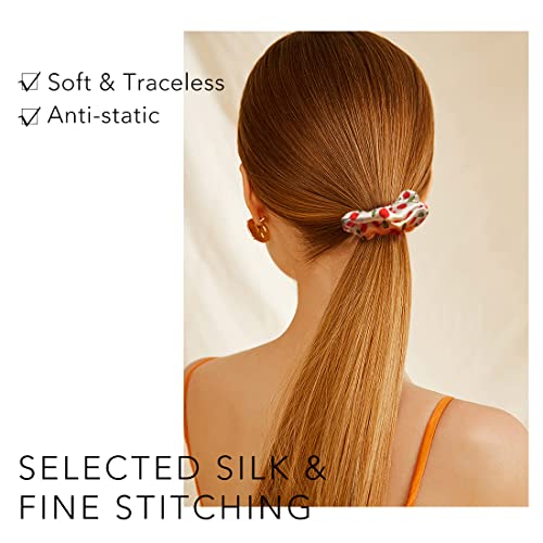 Xinmurffy 100% Mulberry Silk Scrunchies For Women's Hair Floral Print Satin Silk Thick Elastic Hair Ties 19 Momme 3Cm (Cherry) #TOP4