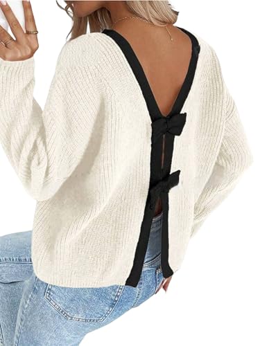 ZAFUL Sweater for Women Backless Bow Knot Decor Color Block Long Sleeves Knit Sweater Pullover