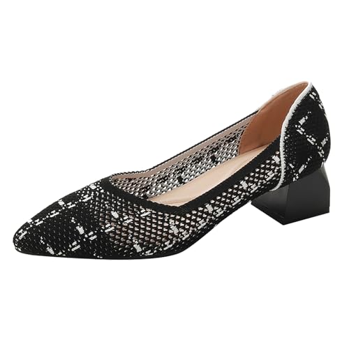 SWDZM Chunky Heels for Women Knit Ballet Shoes Pointed Toe Low Heel Mesh Comfortable Block Pumps Dress Shoes