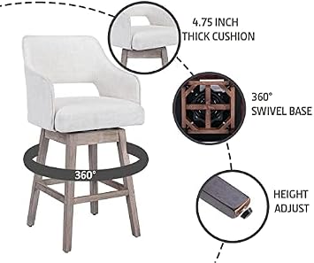 Kmax 27 Fabric Counter Height Bar Stools Swivel Farmhouse Bar Stools with Wood Legs Open Back Footrest for Kitchen Island, Set of 2- Cream