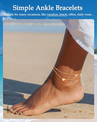 Image of FUNEIA Gold Silver Ankle Bracelets for Women Waterproof 14K Gold Plated Anklets for Women Non Tarnish Dainty Layered Beaded Heart Anklet Set Summer Beach Foot Chain Jewelry Gifts Trendy Stuff