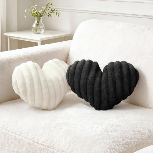 2PCS Heart Pillows, 12.9"x9" White Black Decorative Throw Pillows for Bed