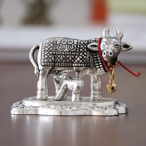 Image of KridayKraft Kamdhenu Cow with Calf Metal Rajasthani Handicrafts Decorative Showpiece for Gifting Anniversary Valentine's Day (Silver)