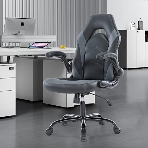 Grey Leather Desk Chair with Lumbar Support