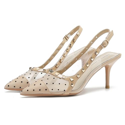 Women's Mesh Slingback Stiletto Heels with Studded Closed Pointed Toe Adjustable Strap Transparent High Heels Comfortable Rivet Dress Pumps for Daily Wedding Party