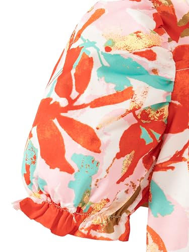 Girls Dresses Square Neck Puff Short Sleeve Floral Print Casual Dress for 8-12 Years3