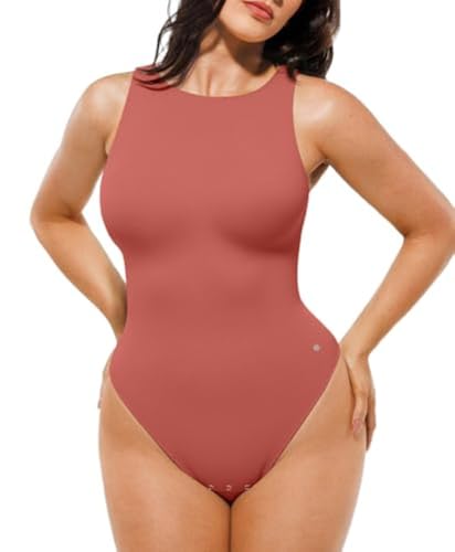 Image of Popilush Bodysuits for Women Tummy Control Shapewear Compression Body Suit Sleeveless Thong Halter Cotton Casual Tank Top for Spring & Summer