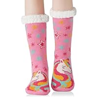 YEEKAORA Slipper Socks for Women with Non-Slip Grippers, Winter Thermal Warm Cozy Fuzzy Plush Cute Animal Indoor Socks (Rose Unicorn)