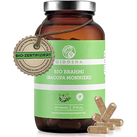 QIDOSHA® Brahmi Kapseln Bio I VERGLEICHSSIEGER* I 180 Stk I 1000mg Brahmi je Tagesportion I Bio Brahmi Pulver hochdosiert I Bacopa monnieri 500 mg Brahmi je Kapsel I kleines Fettblatt I vegan Cover
